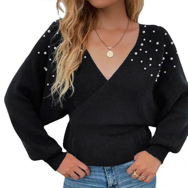Womens Deep V Neck Wrap Sweaters Long Sleeve Crochet Knit Pullover Tops K297