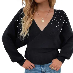 Womens Deep V Neck Wrap Sweaters Long Sleeve Crochet Knit Pullover Tops K297