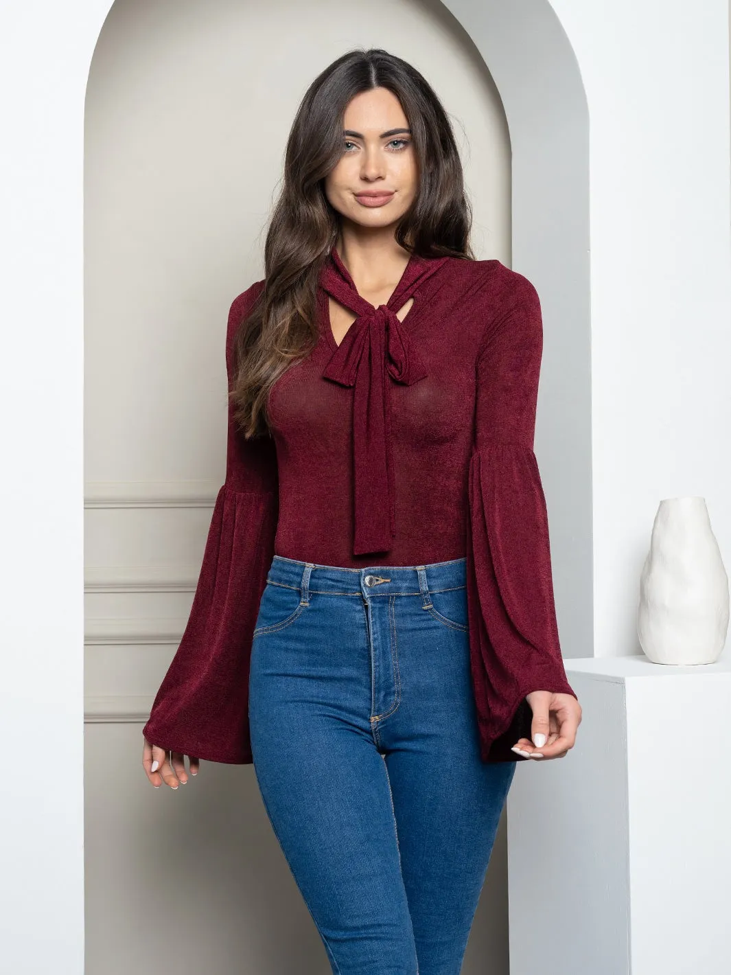 WOMEN'S LONG SLEEVE SLINKY FRONT TIE BODYSUIT
