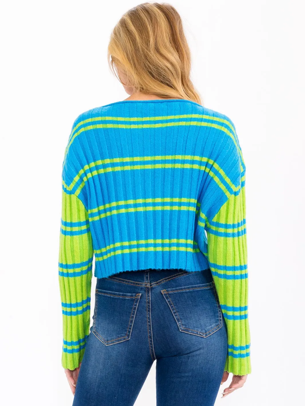 WOMEN'S LONG SLEEVE SQUARE NECK COLORBLOCK RIBBED SWEATER