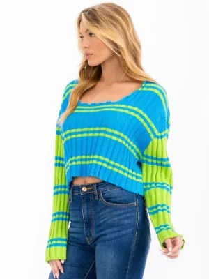 WOMEN'S LONG SLEEVE SQUARE NECK COLORBLOCK RIBBED SWEATER