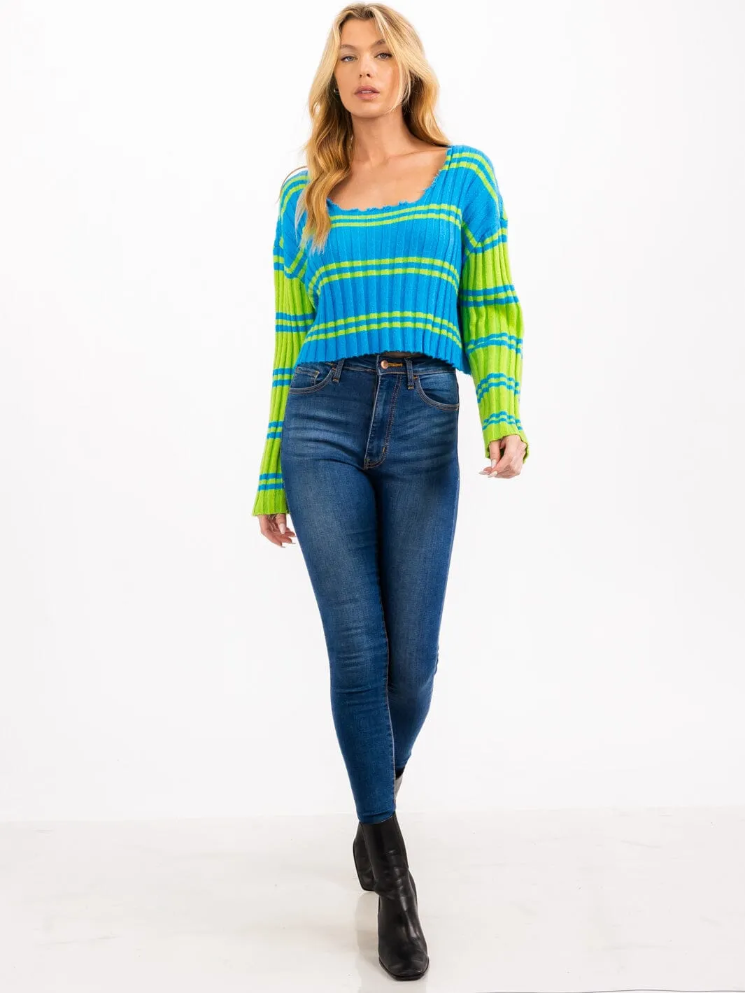 WOMEN'S LONG SLEEVE SQUARE NECK COLORBLOCK RIBBED SWEATER