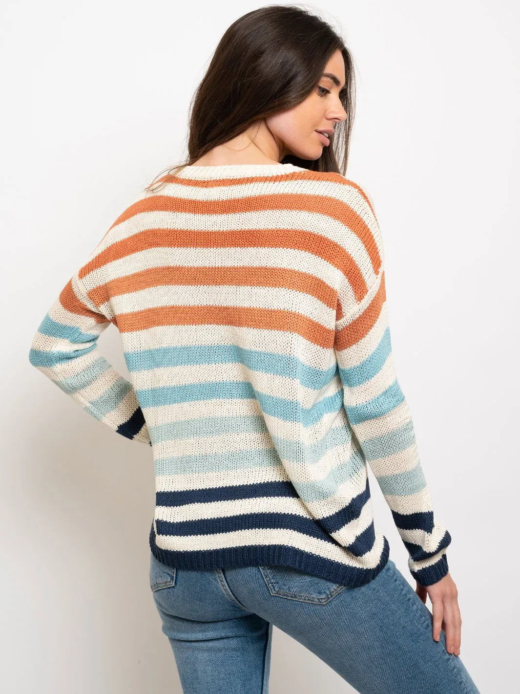 WOMEN'S MULTI STRIPES CREW NECK SWEATER