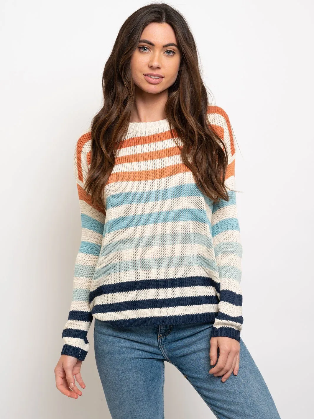 WOMEN'S MULTI STRIPES CREW NECK SWEATER