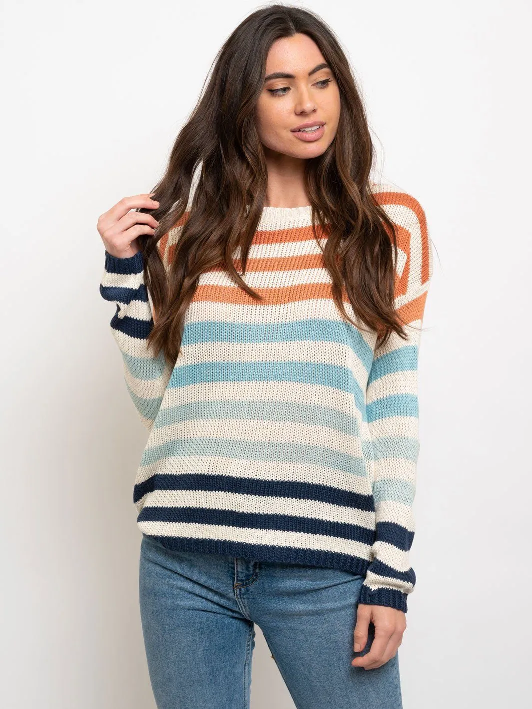 WOMEN'S MULTI STRIPES CREW NECK SWEATER