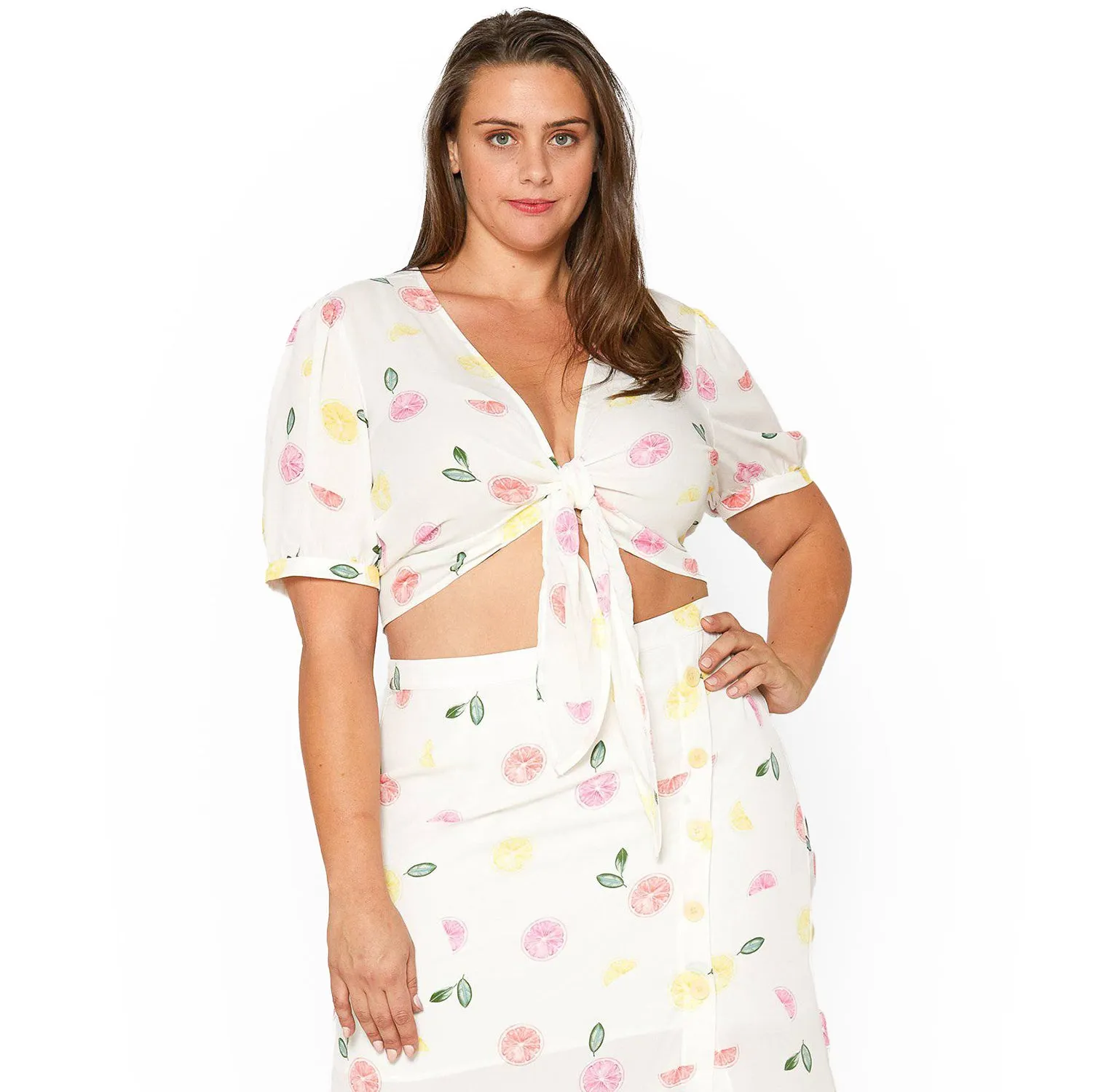 Women's Plus Size Tie Hem Open Front Blouse in Fruit Punch