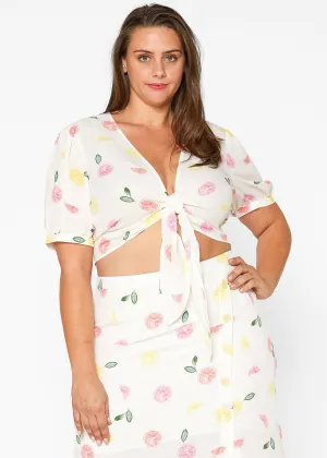 Women's Plus Size Tie Hem Open Front Blouse in Fruit Punch