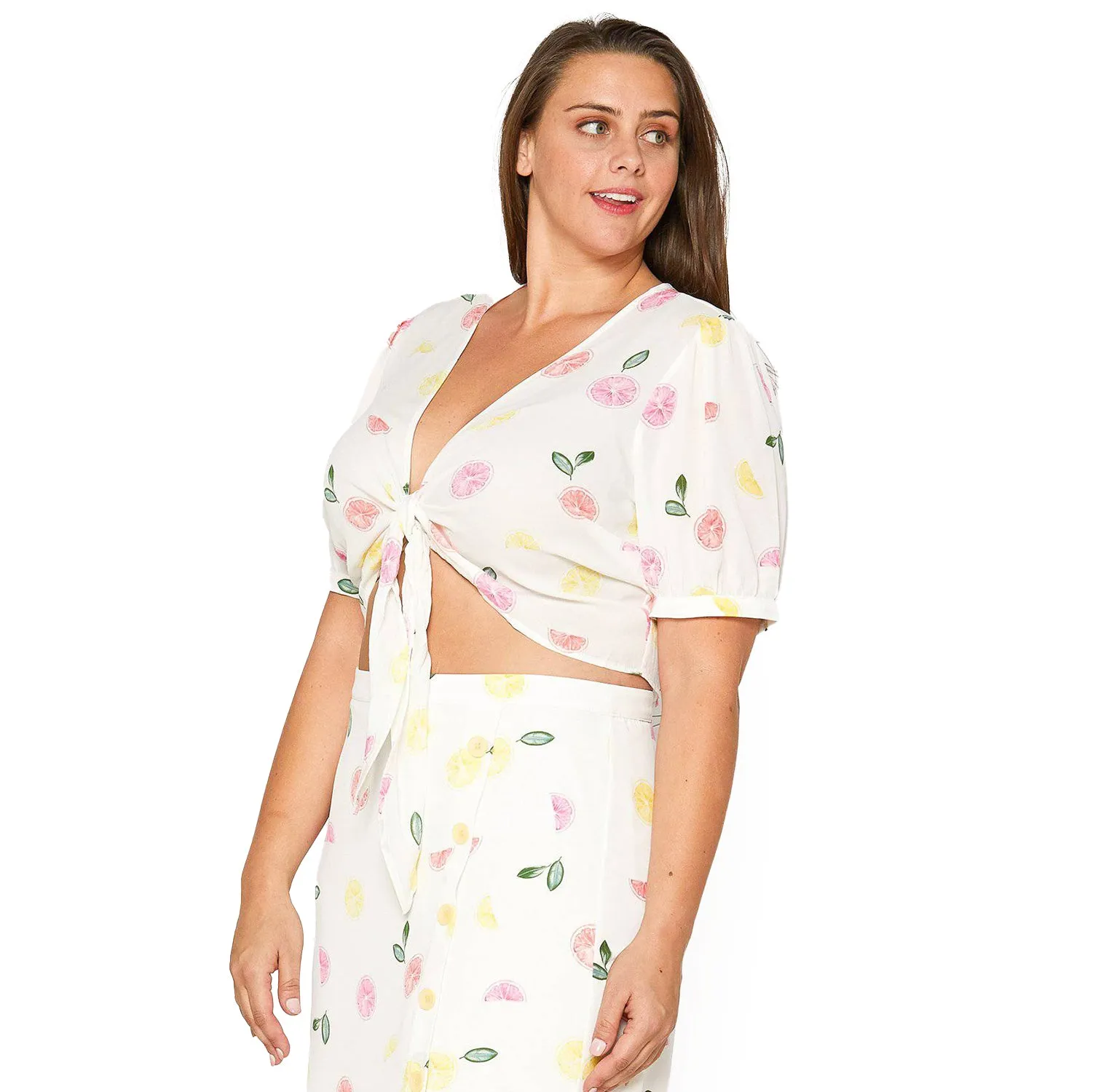 Women's Plus Size Tie Hem Open Front Blouse in Fruit Punch