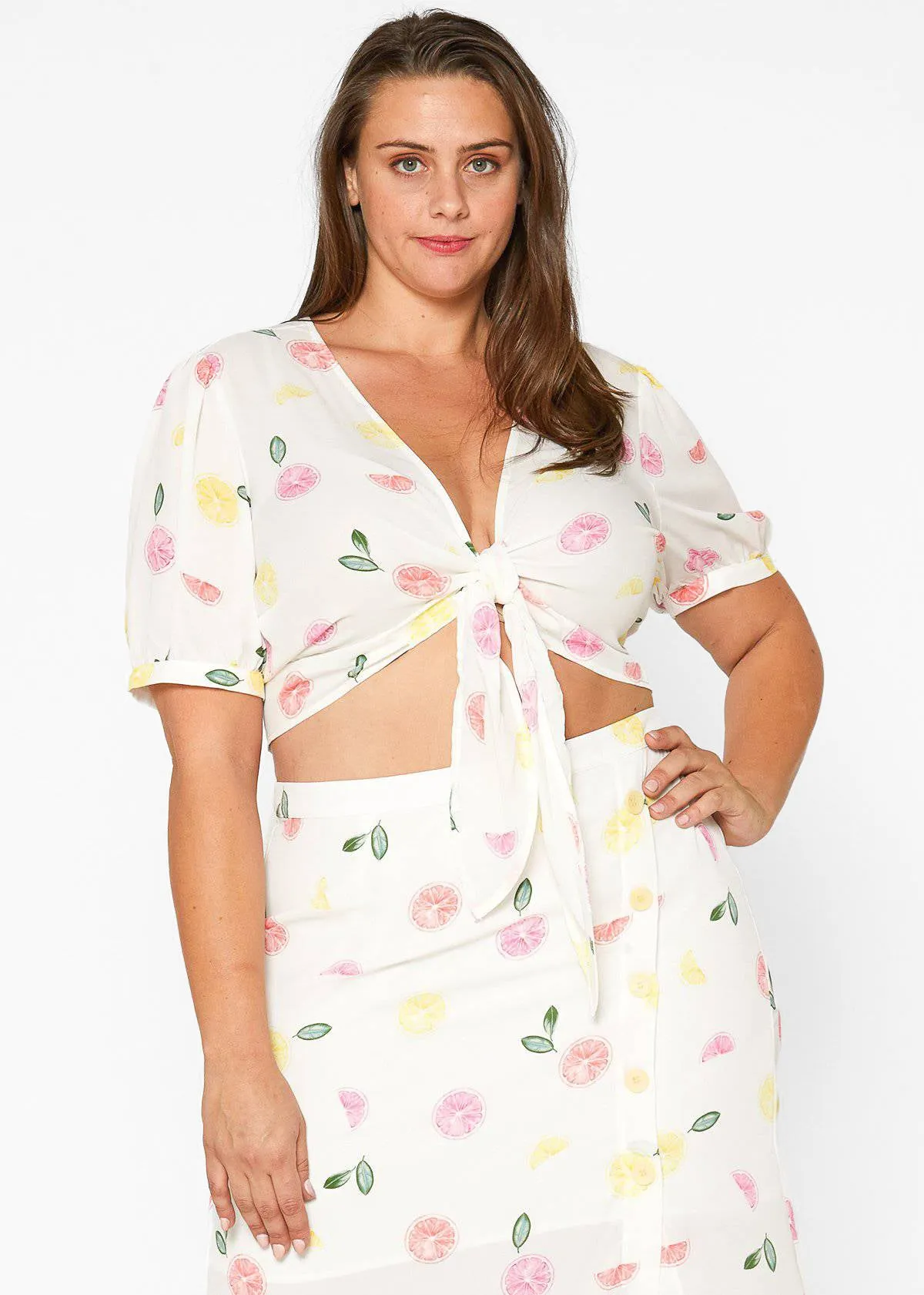 Women's Plus Size Tie Hem Open Front Blouse in Fruit Punch