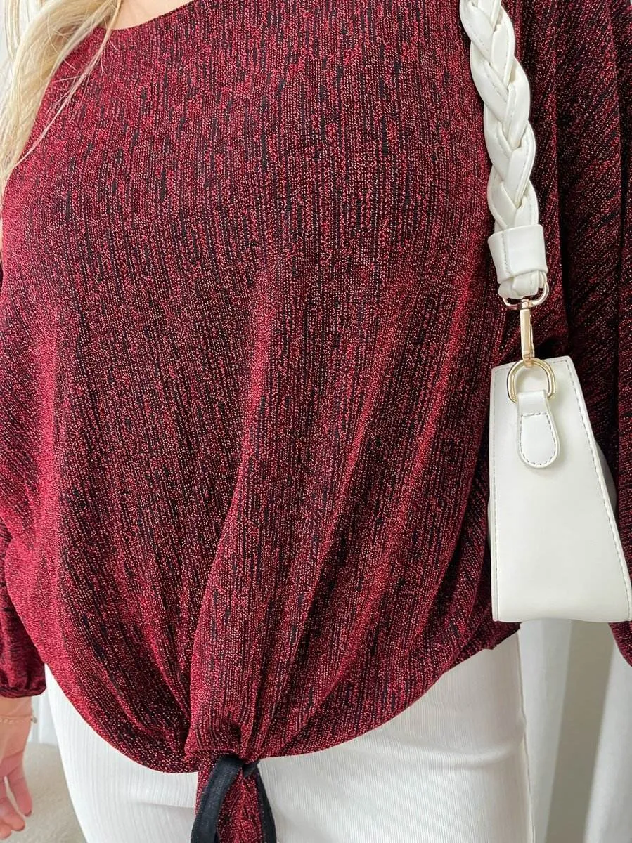 Womens Shimmer Long Sleeve Tie Front Top