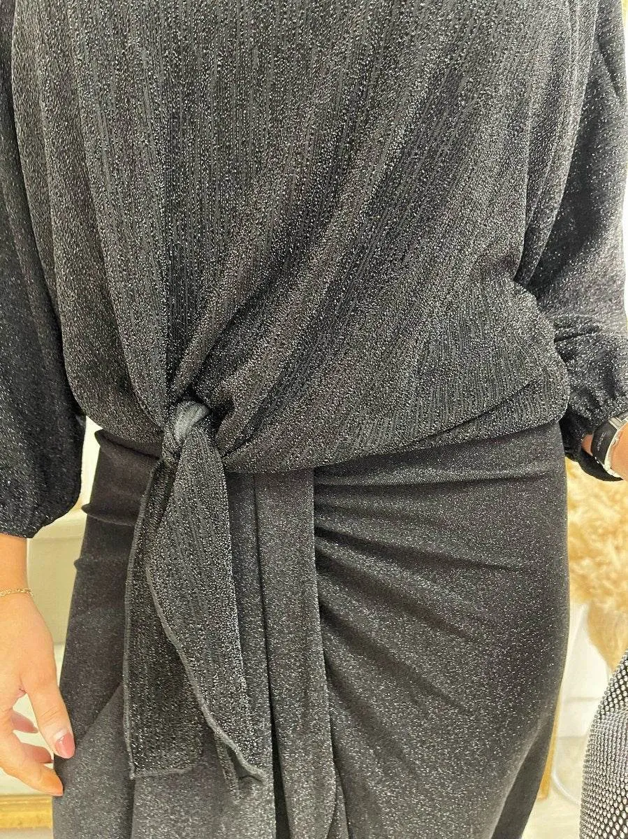 Womens Shimmer Long Sleeve Tie Front Top