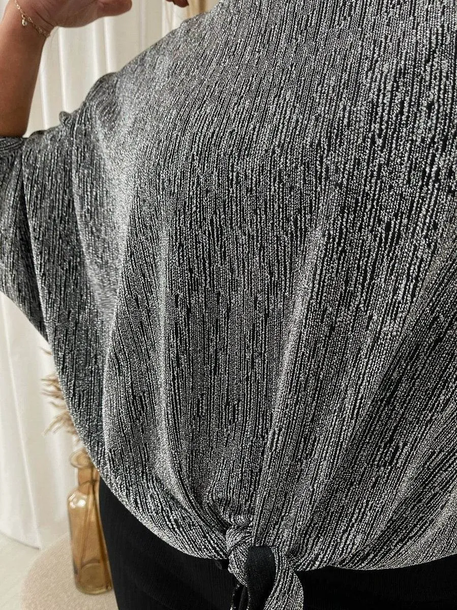 Womens Shimmer Long Sleeve Tie Front Top