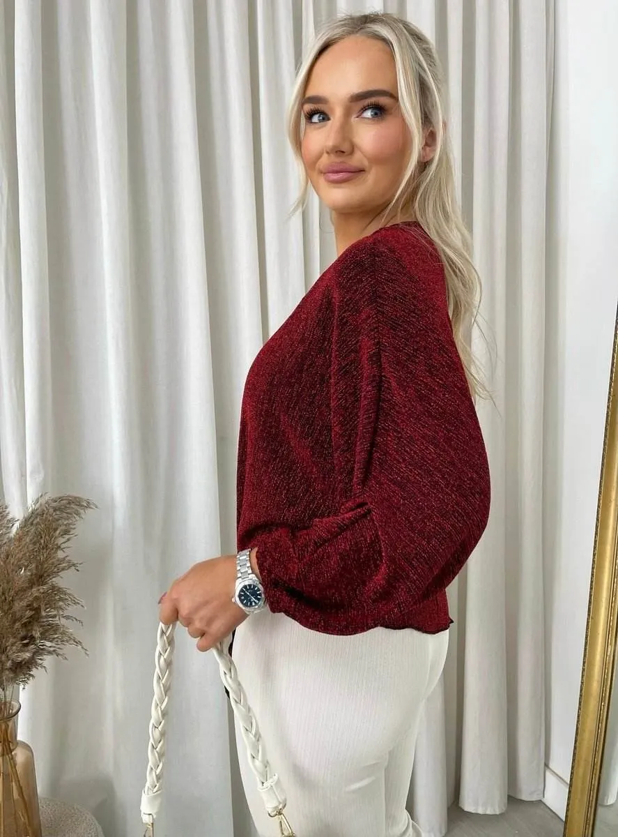 Womens Shimmer Long Sleeve Tie Front Top