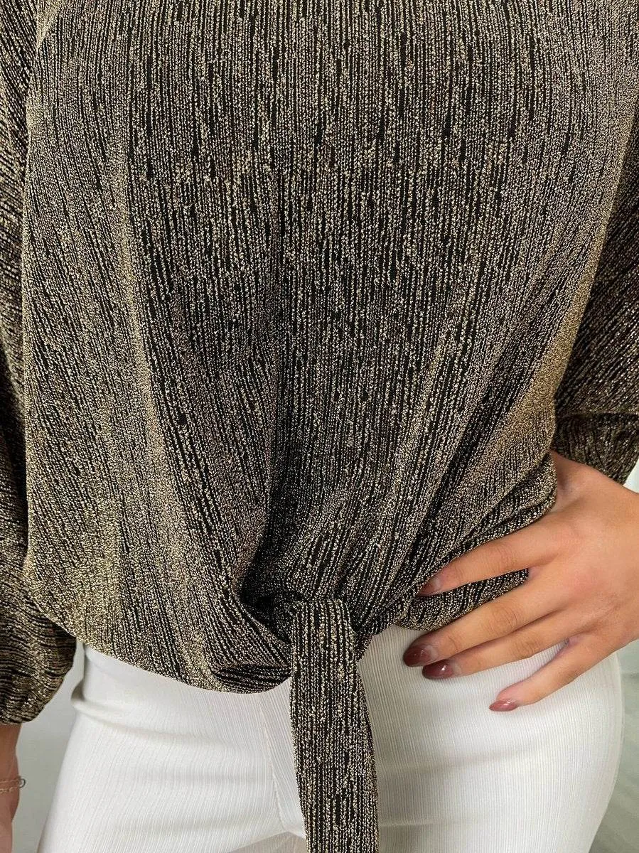Womens Shimmer Long Sleeve Tie Front Top