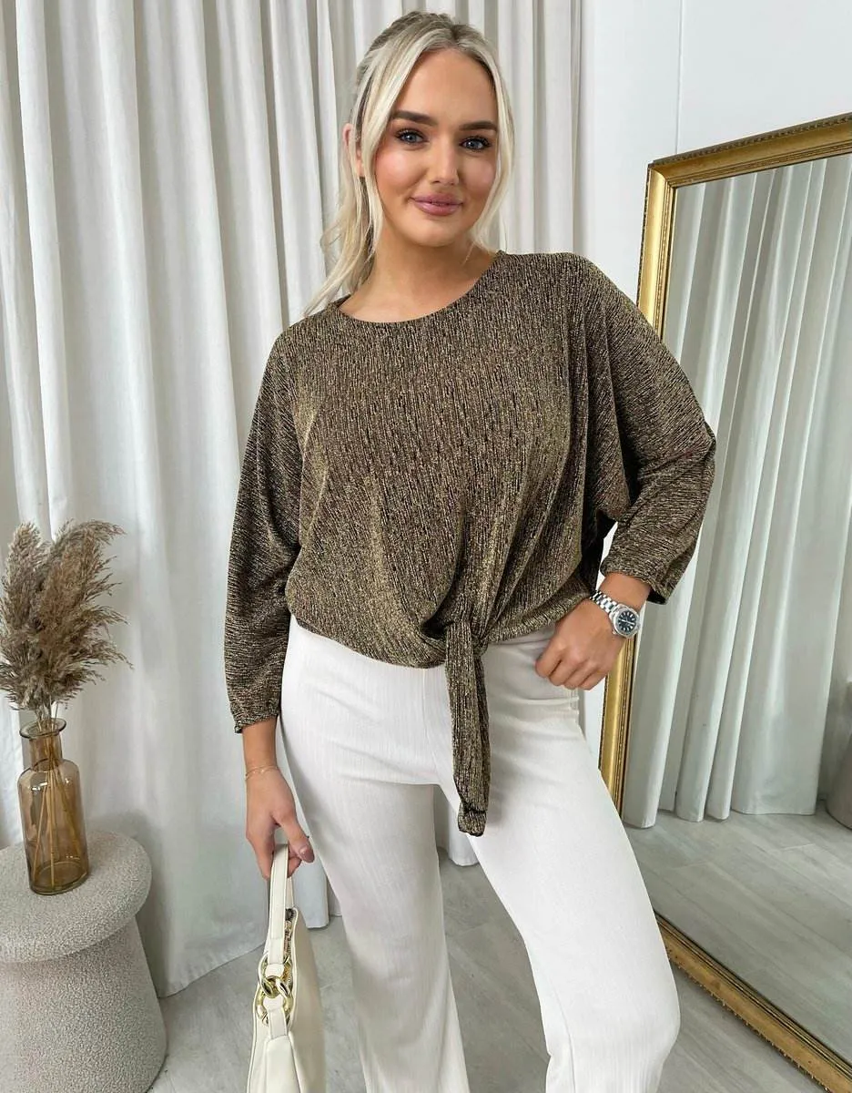 Womens Shimmer Long Sleeve Tie Front Top