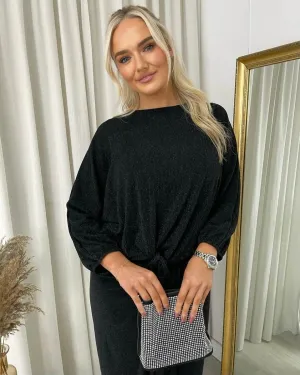 Womens Shimmer Long Sleeve Tie Front Top