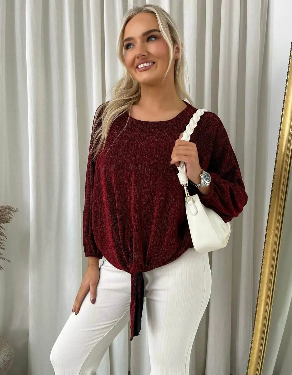 Womens Shimmer Long Sleeve Tie Front Top