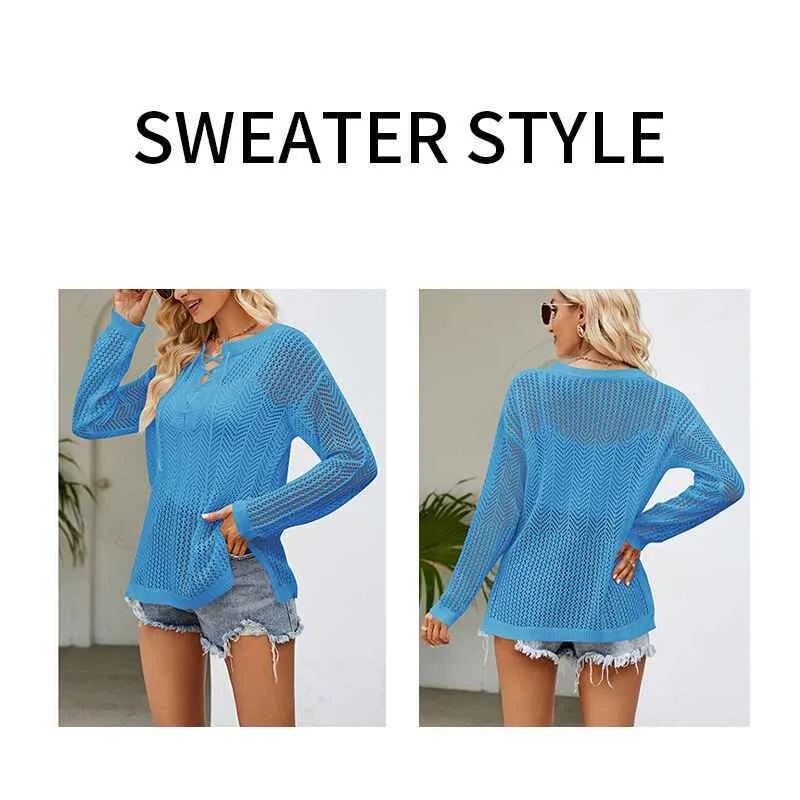 Womens Sweaters Causal Long Sleeve V-Neck Lightweight Corchet Pullover Sweater Tops k609