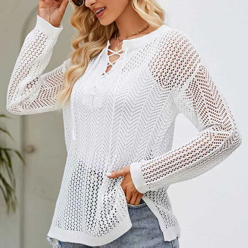 Womens Sweaters Causal Long Sleeve V-Neck Lightweight Corchet Pullover Sweater Tops k609