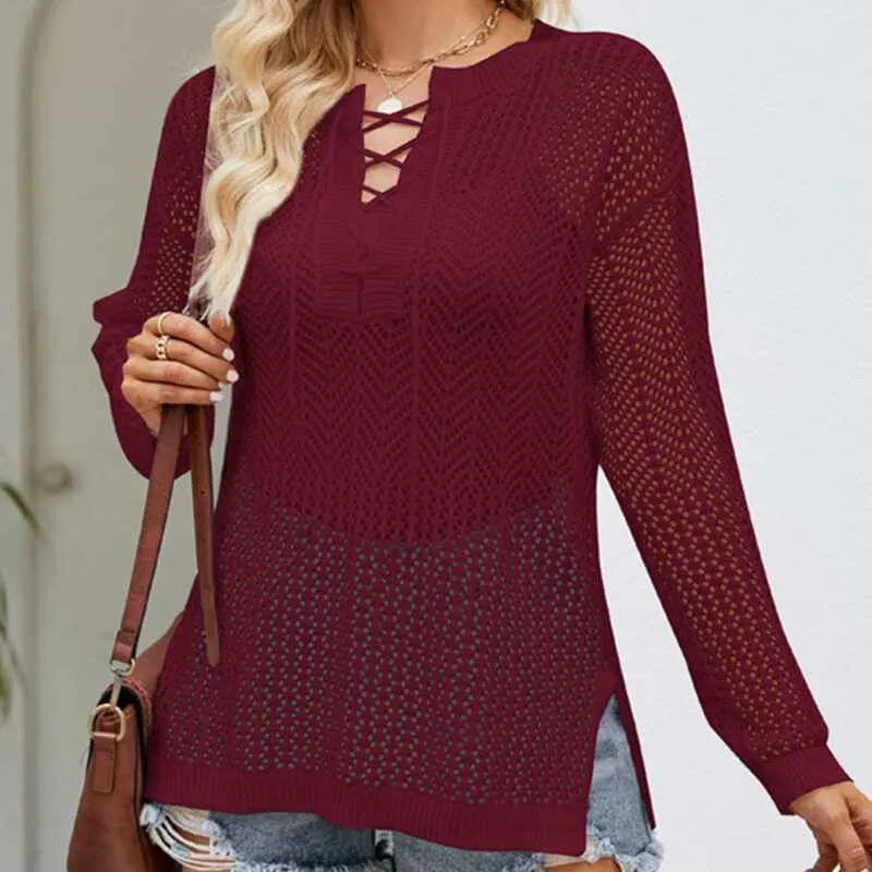 Womens Sweaters Causal Long Sleeve V-Neck Lightweight Corchet Pullover Sweater Tops k609