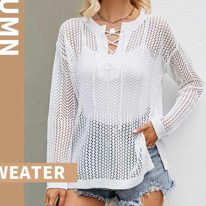Womens Sweaters Causal Long Sleeve V-Neck Lightweight Corchet Pullover Sweater Tops k609