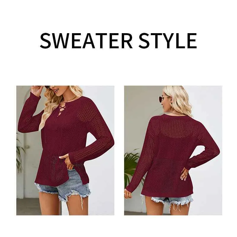 Womens Sweaters Causal Long Sleeve V-Neck Lightweight Corchet Pullover Sweater Tops k609