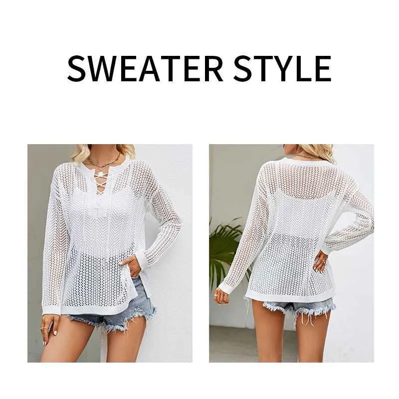 Womens Sweaters Causal Long Sleeve V-Neck Lightweight Corchet Pullover Sweater Tops k609
