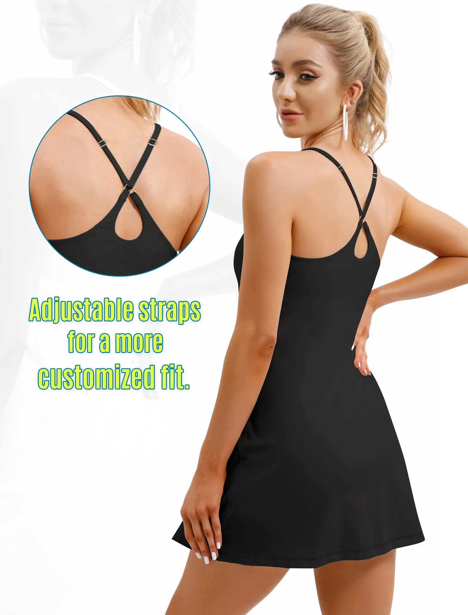 Womens Tennis Dress, Workout Dress with Built-in Bra & Shorts Pockets Summer Dress for Golf Athletic Dresses for Women Black