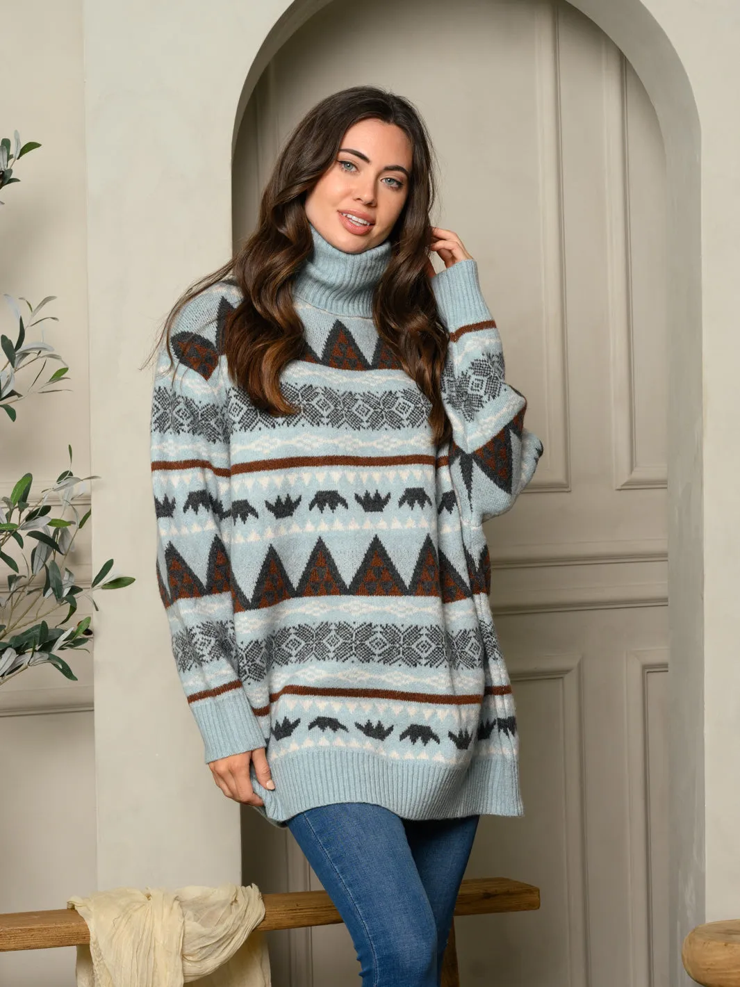 WOMEN'S TURTLE NECK MULTI PRINT SWEATER