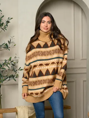 WOMEN'S TURTLE NECK MULTI PRINT SWEATER