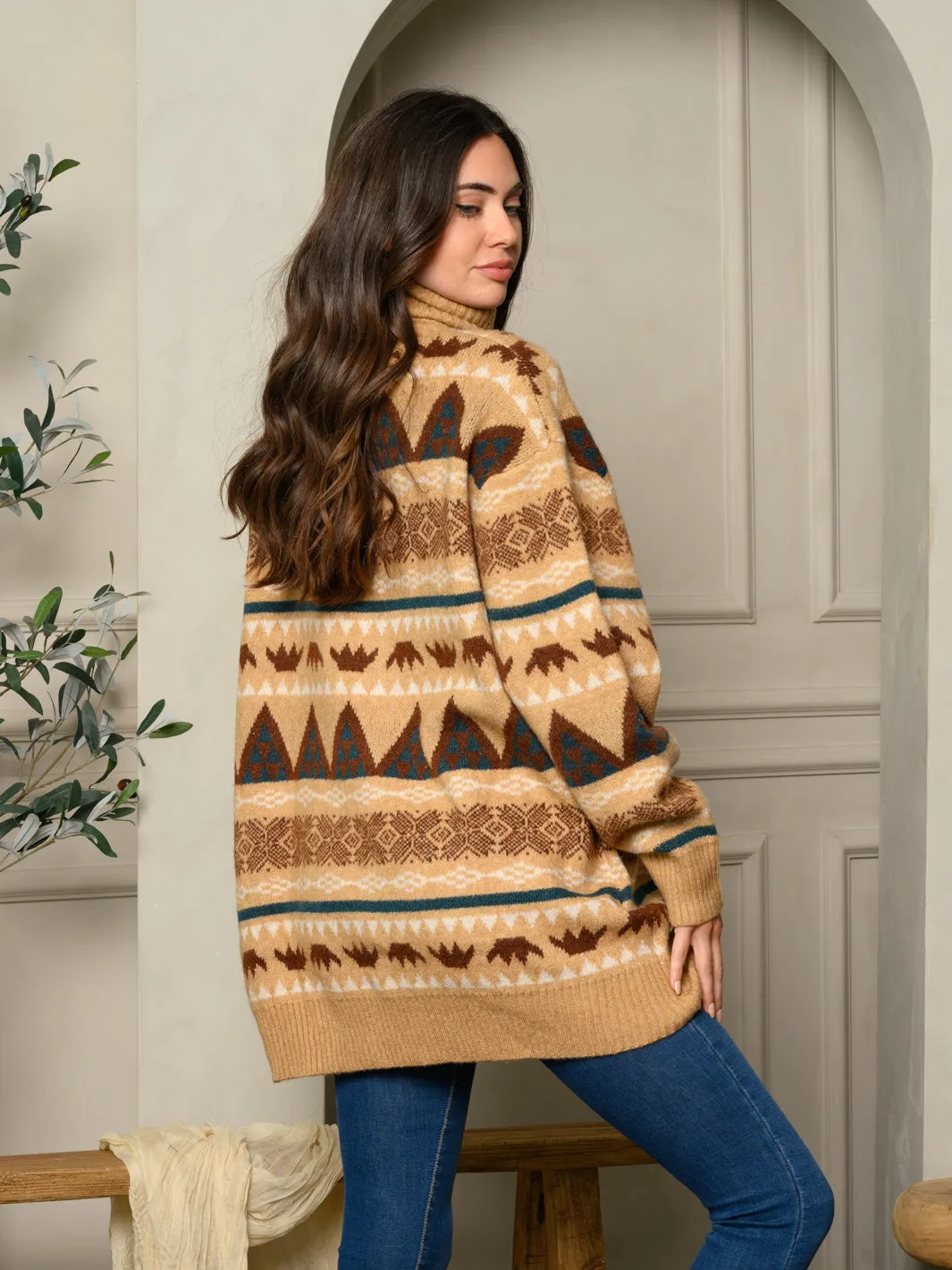 WOMEN'S TURTLE NECK MULTI PRINT SWEATER