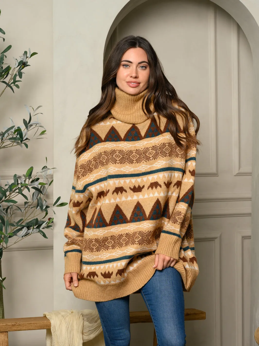 WOMEN'S TURTLE NECK MULTI PRINT SWEATER