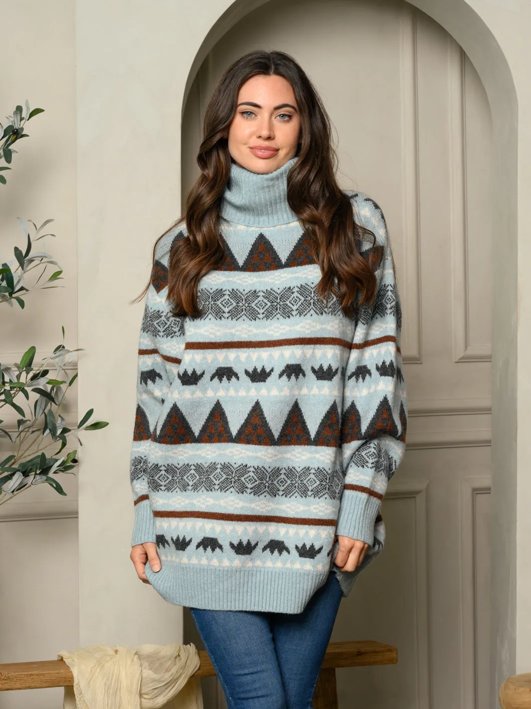 WOMEN'S TURTLE NECK MULTI PRINT SWEATER