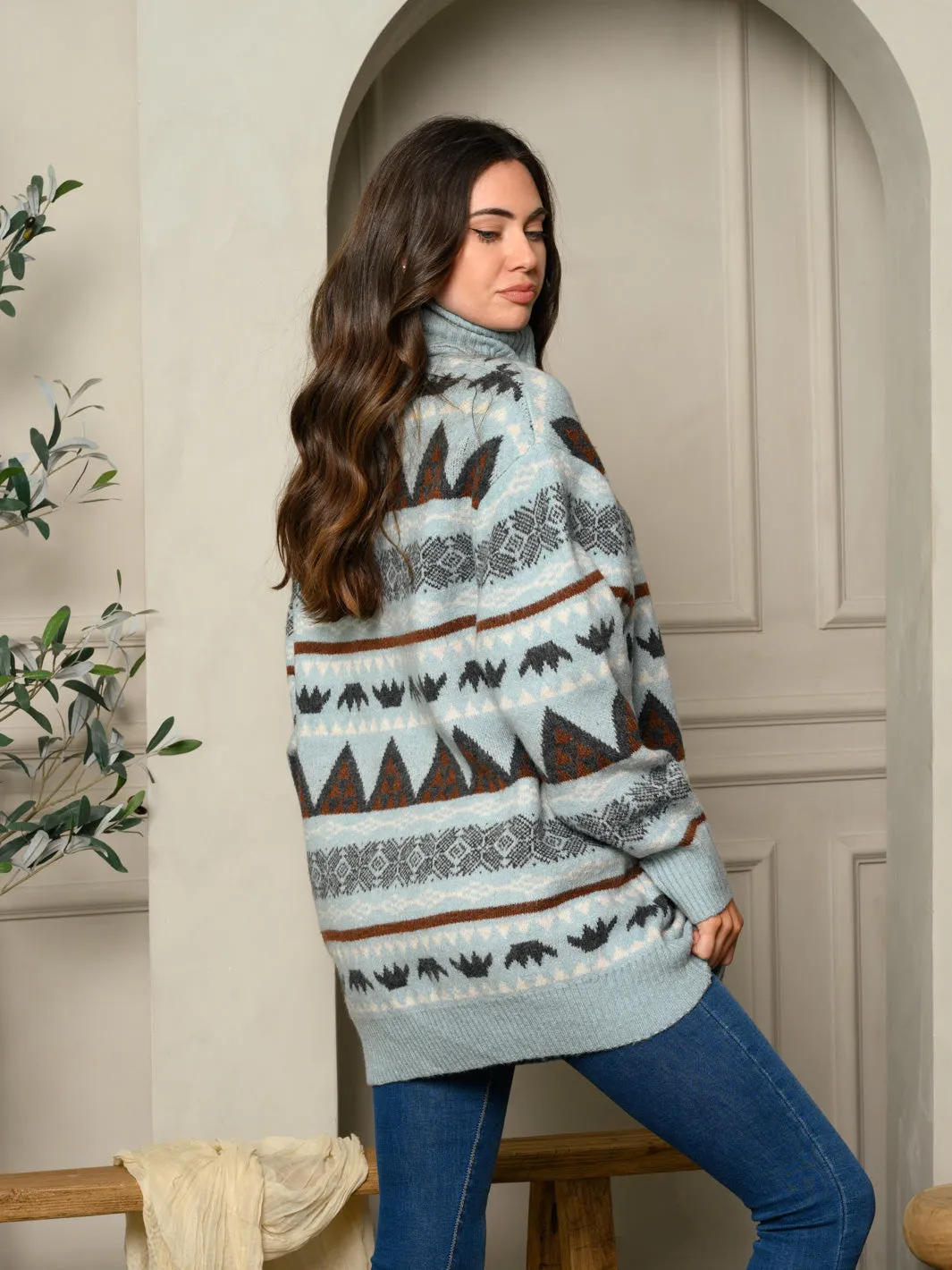 WOMEN'S TURTLE NECK MULTI PRINT SWEATER