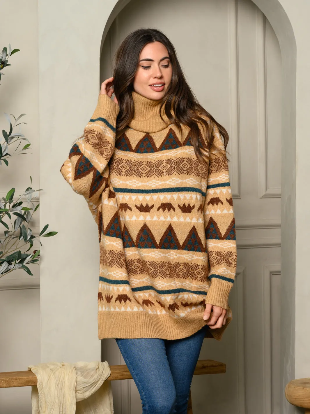 WOMEN'S TURTLE NECK MULTI PRINT SWEATER