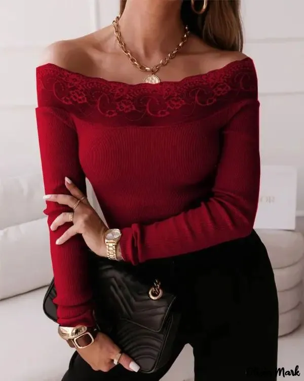 Xieyinshe - Contrast Lace Off-the-Shoulder Long Sleeve Top