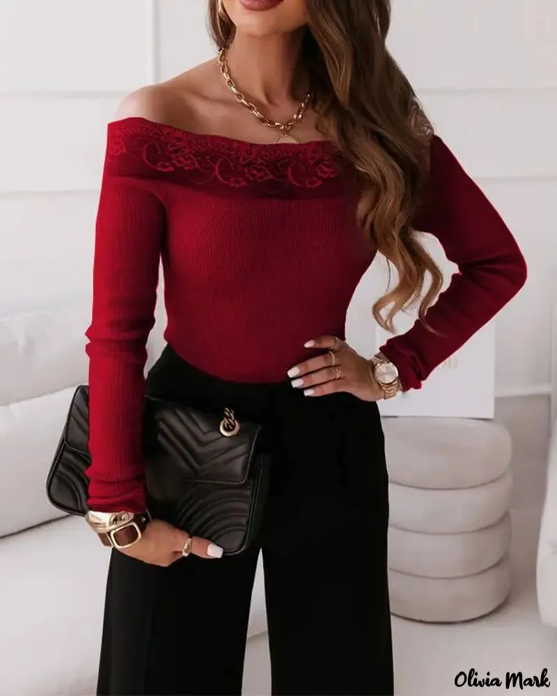 Xieyinshe - Contrast Lace Off-the-Shoulder Long Sleeve Top