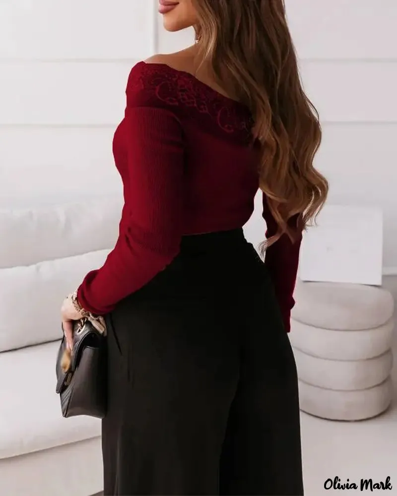 Xieyinshe - Contrast Lace Off-the-Shoulder Long Sleeve Top