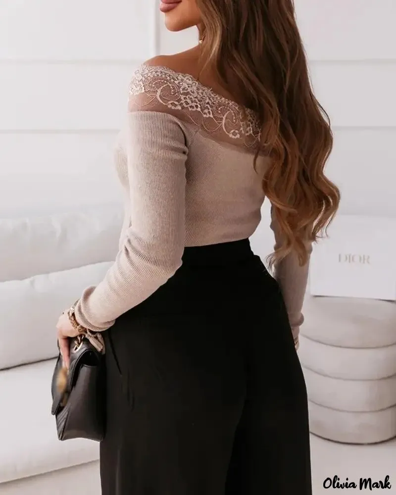 Xieyinshe - Contrast Lace Off-the-Shoulder Long Sleeve Top