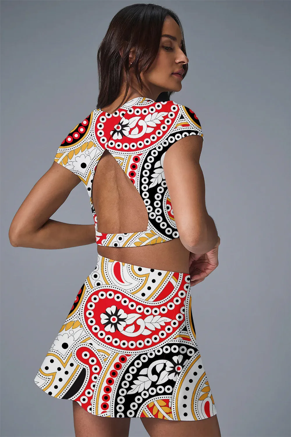 Zaya Skirt Set (Red Paisley Bloom) – Women's Crop Top and Skort for Workout, Tennis, or Golf