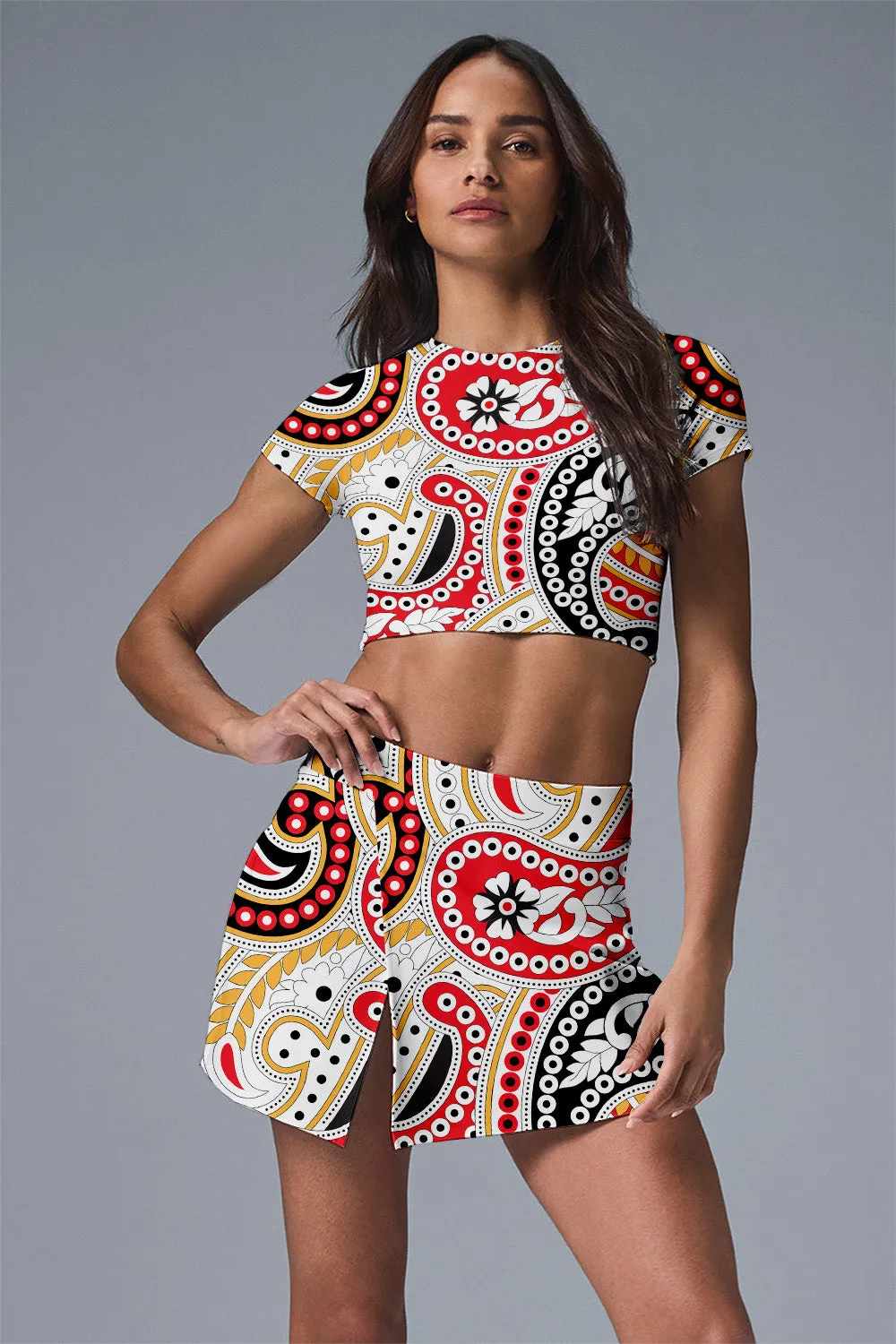 Zaya Skirt Set (Red Paisley Bloom) – Women's Crop Top and Skort for Workout, Tennis, or Golf