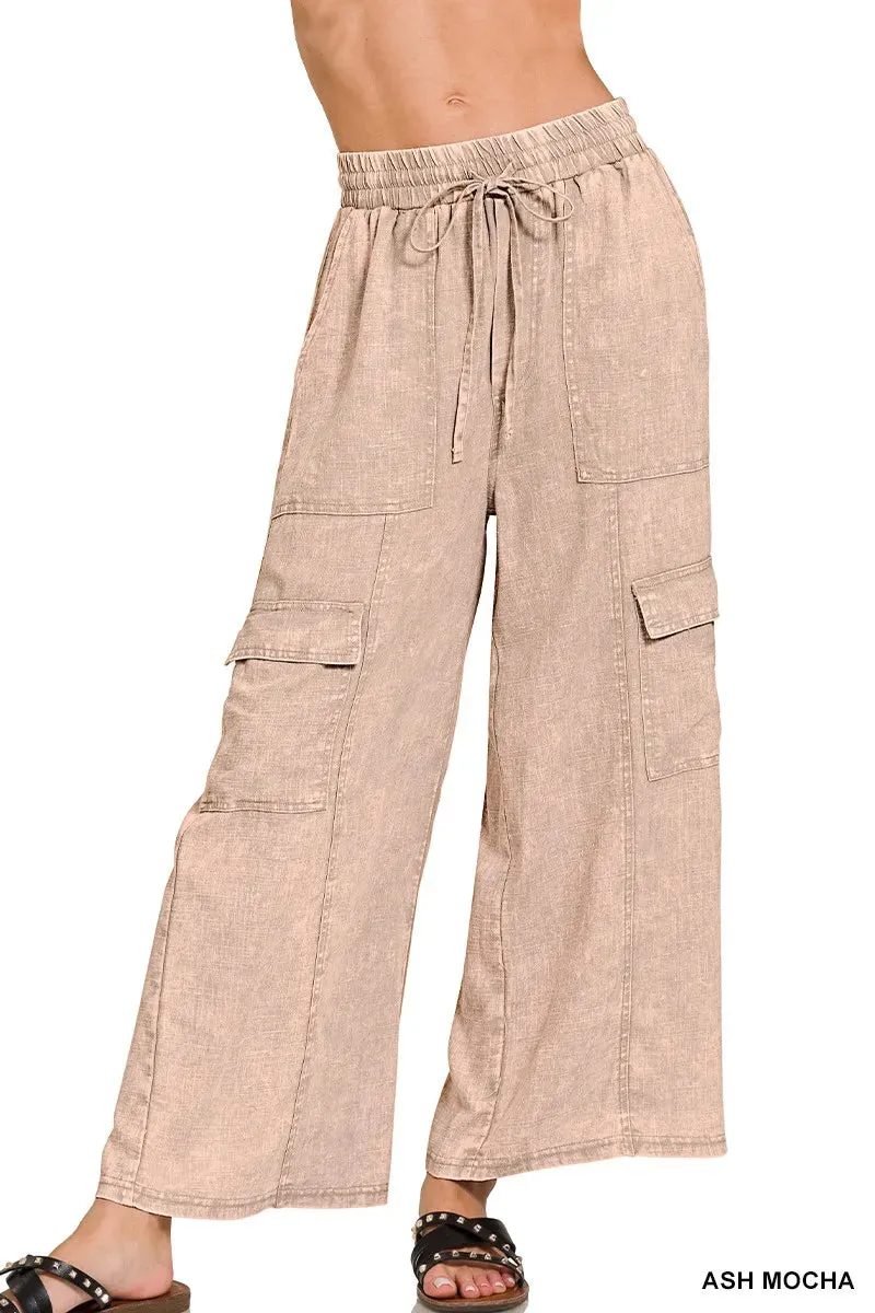 Zenana Washed Linen Elastic Band Waist Cargo Pants