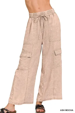 Zenana Washed Linen Elastic Band Waist Cargo Pants